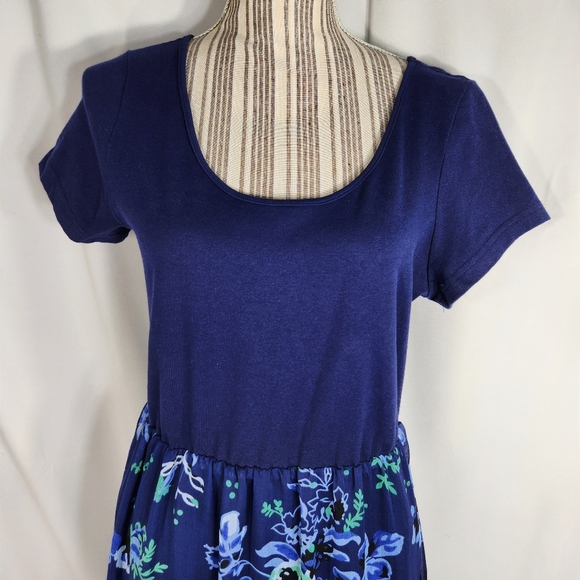 IsaacMizrahiLive Blue Short Sleeve Long Dress w/Floral Print Skirt Size Medium - Picture 2 of 7